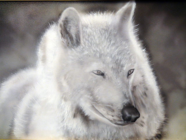 Le loup blanc tableau animalier  hyperrealiste réalisé à l’aérographe