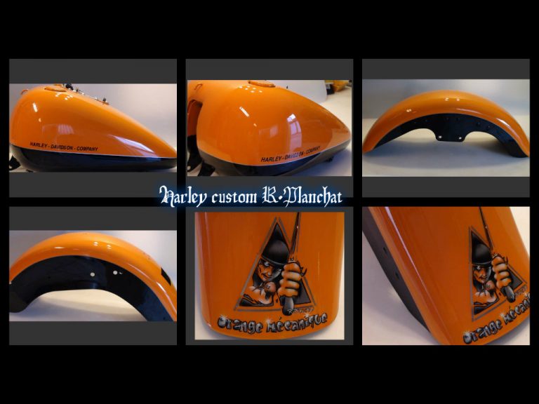 Harley Davidson orange custom Raymond Planchat peintre aérographe